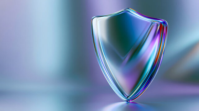 A transparent glass shield with a reflective surface stands upright against a soft blue and purple gradient background, creating a futuristic and abstract appearance.