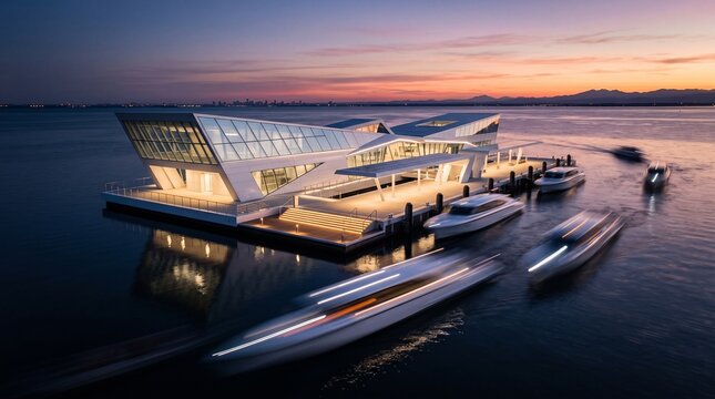 Modern Waterfront Architecture at Twilight with Boats