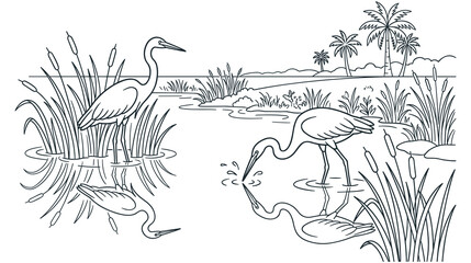 Fototapeta premium Heron standing in tropical wetland pond with palms art.