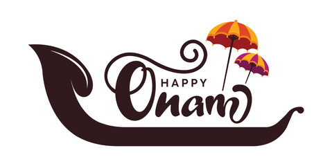 Minimalist Happy Onam elegant calligraphy banner featuring a brown traditional snake boat silhouette and two decorative umbrellas. Clean design for holiday greetings. © bibin
