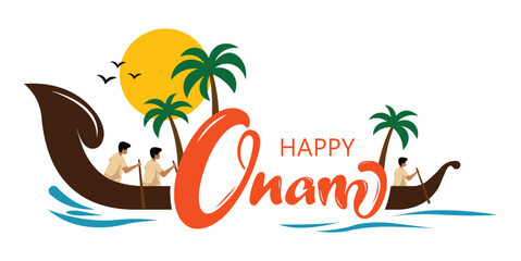 Colorful Happy Onam graphic banner with orange script text, rowers racing a brown snake boat on blue water, palm trees, and a bright yellow sun. © bibin