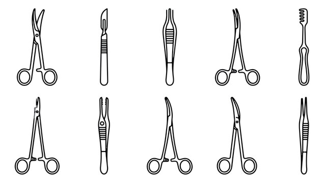 Surgical instruments vector set, medical steel tools collection with scalpel and forceps, professional surgery equipment icons for healthcare design