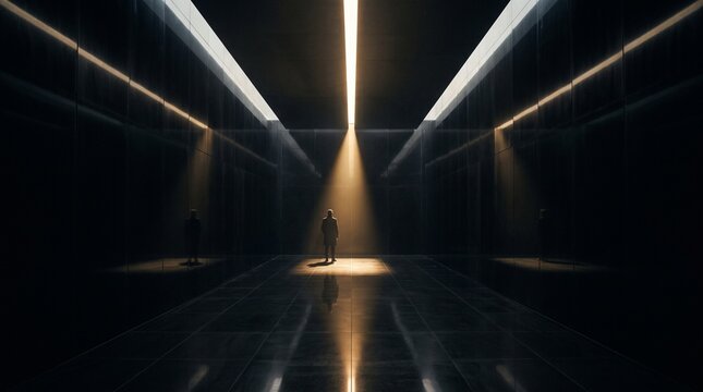 Silhouette Standing in Modern Illuminated Corridor