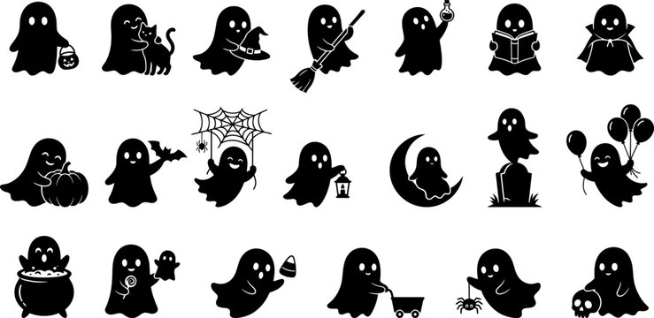 Spooky halloween ghost silhouettes collection with pets magic hats brooms and festive holiday decorations.