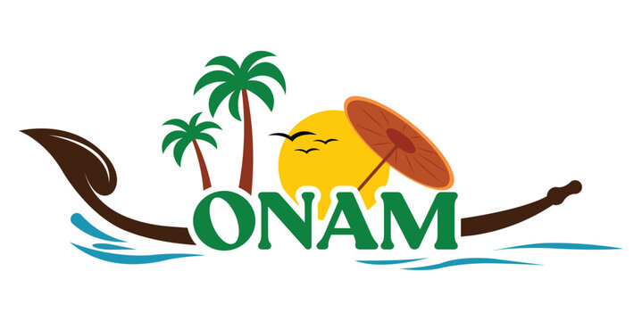 Creative Onam festival banner logo combining typography text with tropical palm trees, a warm sun, and a traditional Kerala boat outline.