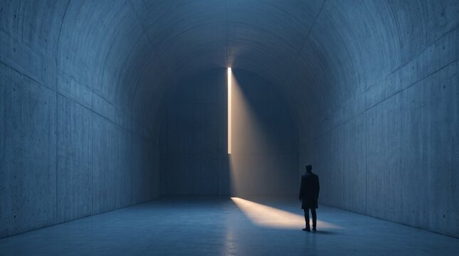 Man Standing in Empty Concrete Tunnel with Light