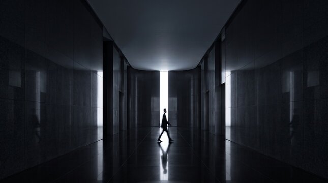 Silhouetted Figure Walking Through Modern Dark Corridor