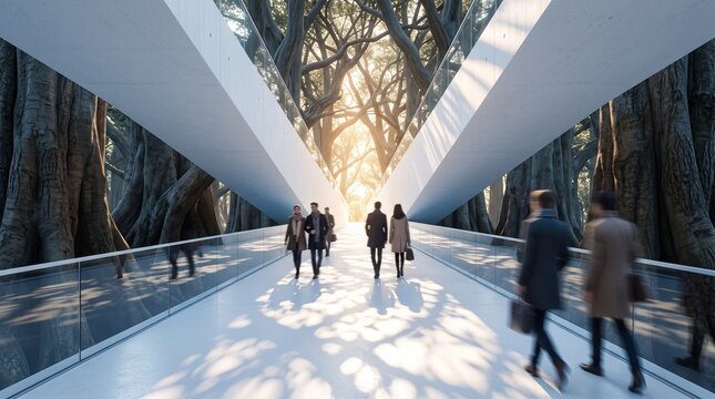 Modern Architecture Passage Through Tree-Lined Avenue