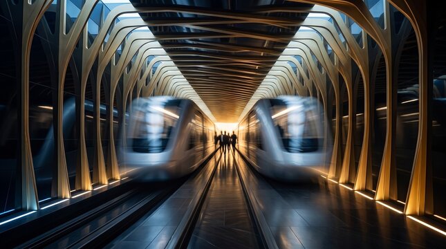 Modern Train Station with Trains and Commuters