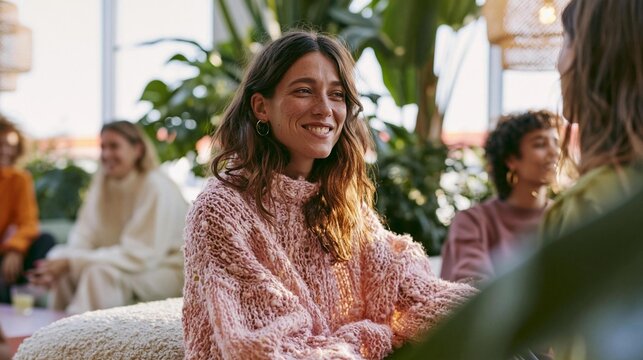 Young woman sitting on a white couch in a room with other people sitting around her. she is wearing a pink fuzzy sweater and has shoulder-length brunette hair.