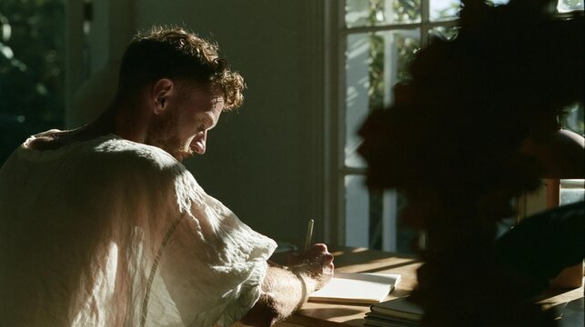 Man sitting at a wooden table, writing in a notebook. he is wearing a white t-shirt and has a beard. the room is bright and airy, with large windows that let in natural light.