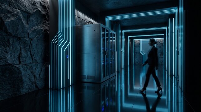 Professional Walking Through Modern Data Center with Neon Lighting