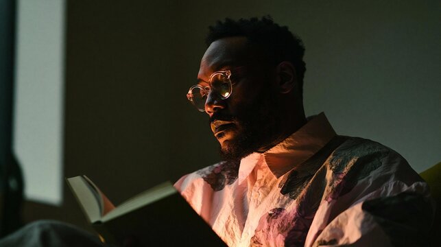 Man sitting on a couch and reading a book. he is wearing a white shirt with a floral pattern and has a pair of glasses on. the man has a beard and is looking intently at the book in his hands.