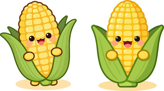 Cute cartoon corn characters, smiling yellow cornstalks, green leaves, vector illustrations, food icons