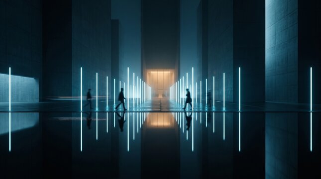 Business Professionals Walking Through Modern Futuristic Corridor