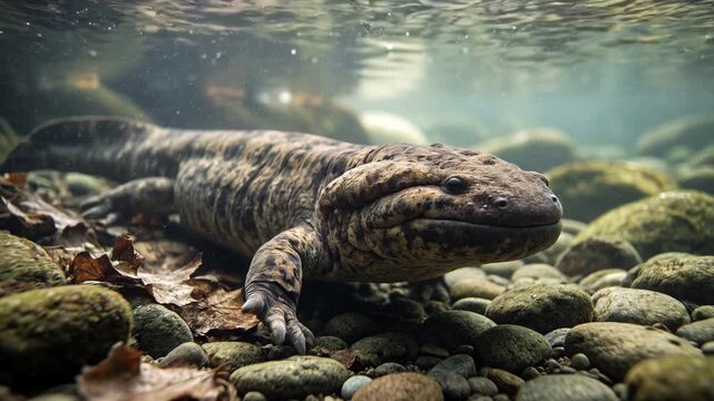 Endemic japanese giant salamander, a living fossil, resting quietly on the rocky bed of a clear, cold mountain stream, an amazing close up of this rare and endangered amphibian