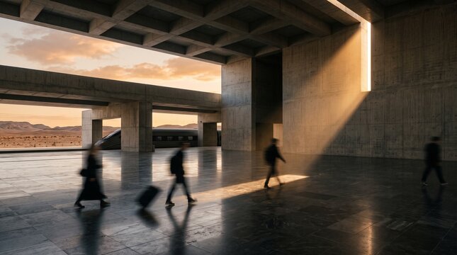 People Walking Through Modern Concrete Architecture at Sunset
