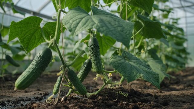 Organic cucumbers ripening on a vibrant green plant inside a large commercial greenhouse, showcasing modern agricultural practices and the cultivation of healthy, fresh vegetables for harvest