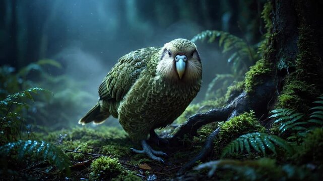 Nocturnal kakapo parrot, a critically endangered flightless bird, walking along the mossy ground of a misty forest in new zealand, surrounded by ferns and ancient tree roots