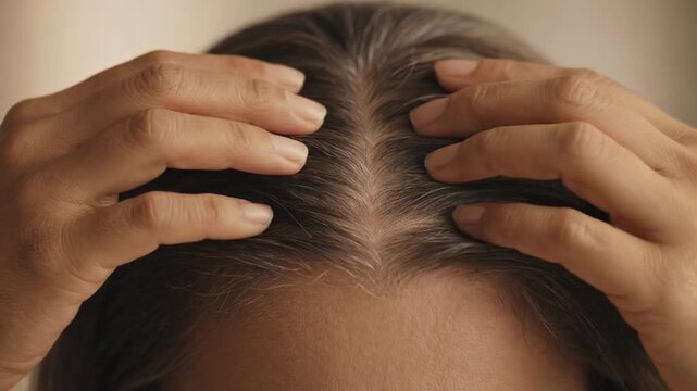 Close up view from above of a woman's head as she uses her hands to part her dark hair, revealing the natural gray roots and scalp, highlighting the process of aging and hair care