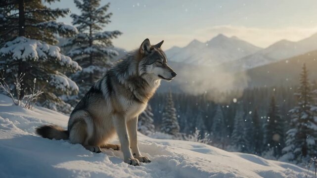 Lone gray wolf sitting on a snowy hillside, its warm breath visible in the frosty morning air as snowflakes gently fall against a backdrop of pine trees and distant mountains at sunrise