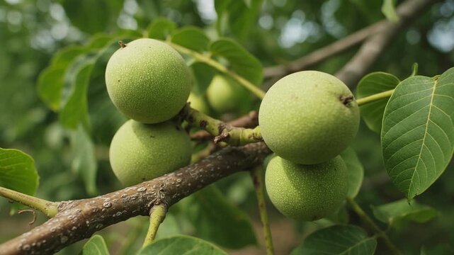 Immature green walnuts growing on a branch of a common walnut tree, also known as persian or english walnut. This is a crucial stage in the development of the nut before the hull hardens
