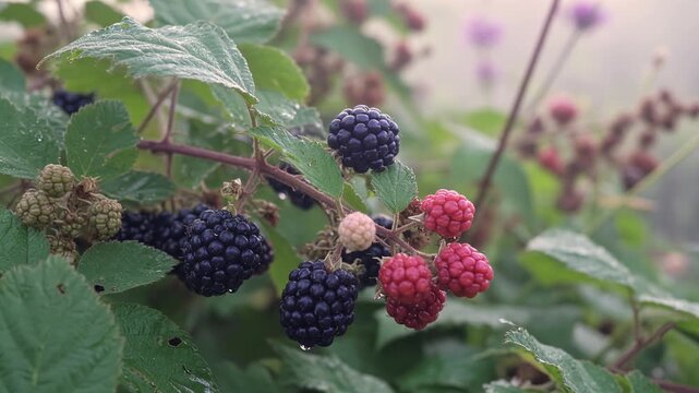 Close up view of a blackberry bush branch showcasing the natural cycle of growth, with ripe black berries and unripe red berries coexisting amidst lush green leaves on a misty morning