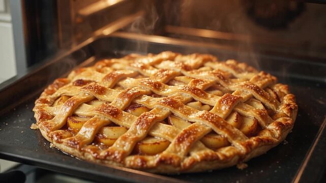 Delicious homemade apple pie with a golden lattice crust steaming on a baking sheet. A baker wearing gloves is carefully taking the hot, freshly baked dessert out of the oven