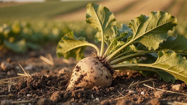 Close up of a single sugar beet growing in a cultivated agricultural field, with its large root emerging from the dark soil and lush green leaves soaking up the warm evening sunlight