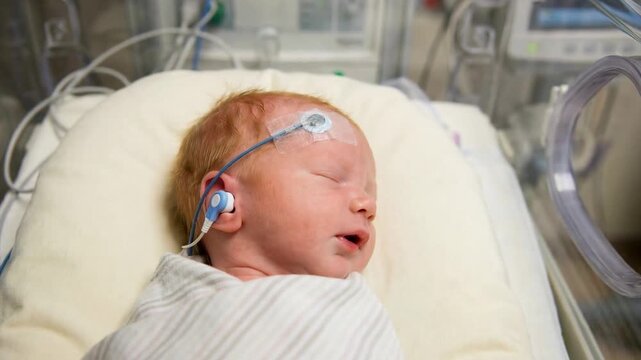 High angle view of a sleeping newborn baby swaddled in a hospital incubator while undergoing a hearing screening test with electrodes and sensors attached to its head and ear