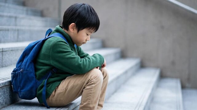 Sad little asian elementary schoolboy with a backpack sitting alone on concrete steps, feeling lonely and upset after being bullied at school or having problems with family