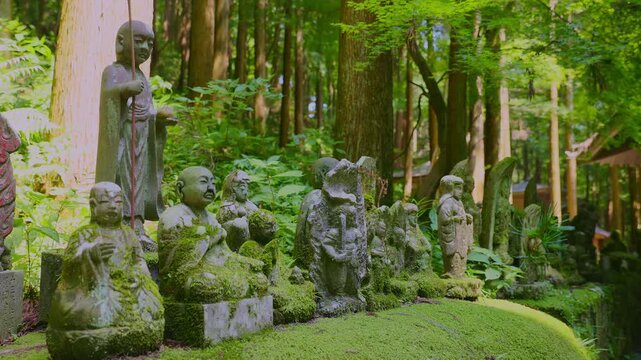 巨大な苔むした岩の上に整然と一列に並ぶ神聖な石仏群