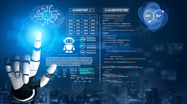 Futuristic AI Assistant Interface with Robotic Hand Interaction, Data Visualization, and Programming Code on a Dark Background Fluxor.