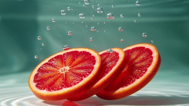 Fresh slices of juicy red blood orange gracefully falling and sinking into clean, cool water with bubbles, creating elegant ripples on a beautiful teal background for a refreshing concept