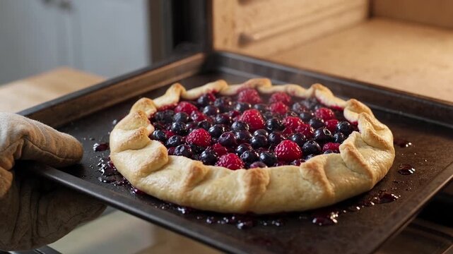 Baker wearing an oven mitt carefully pulling a steaming hot, rustic berry galette from the oven. The homemade tart, filled with raspberries and blueberries, is on a baking sheet