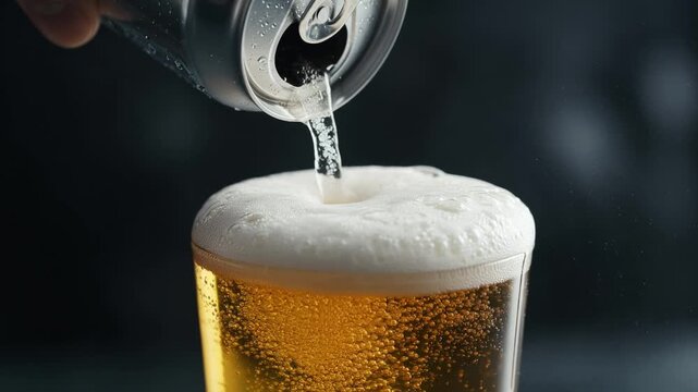 Close up of a refreshing golden beer pouring from a cold aluminum can into a glass, forming a thick white foam head and releasing carbonation bubbles against a dark, dramatic background
