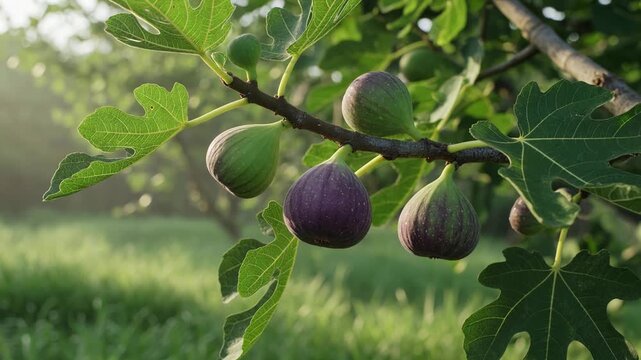 Close up view of ripe and unripe figs growing on a tree branch, with their green leaves gently swaying in the breeze. The beautiful morning sunlight illuminates the orchard in the background