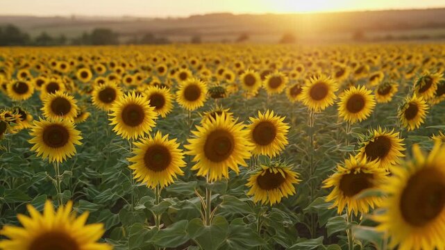 Golden sunbeams illuminating a vast agricultural field of blooming sunflowers at sunset, creating a serene and picturesque landscape with warm light and gentle lens flare in the background