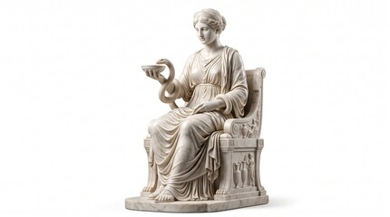 Obraz premium Classical marble sculpture of a seated woman in a robe holding a bowl with a snake embodying ancient artistry with against white background marble statue