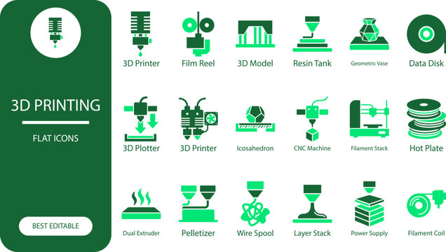 3d printing icons set. Silhouette vector illustration of printer, filament, and printing symbols for manufacturing design.