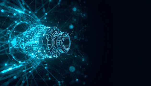 Abstract glowing futuristic digital twin technology background with blue wireframe mechanical gear replica and text space for website banner