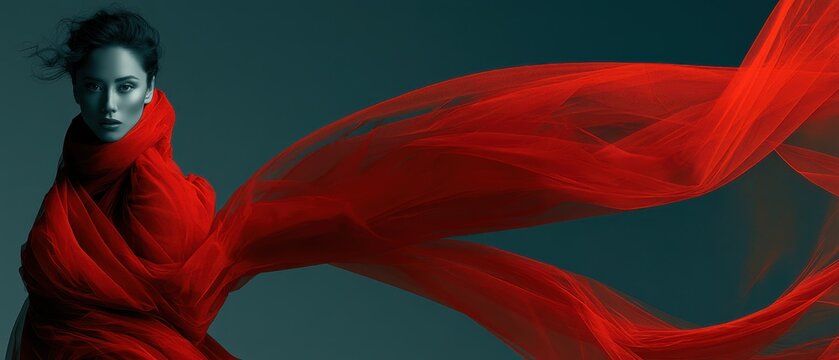 Ultra-wide panoramic portrait banner with a woman in motion on one side wrapped in red tulle, and a wide grey background with a continuation of the flowing fabric and light