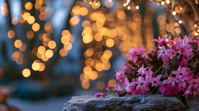 Beautiful Schlumbergera or Christmas cactus with bright red flowers blooming on the ground during a gentle golden sunset, with copy space.
