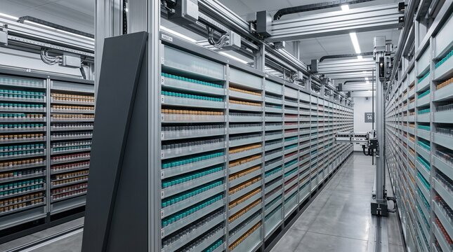 Biological Sample Library Aisle With Repeating Racks And Coded Caps