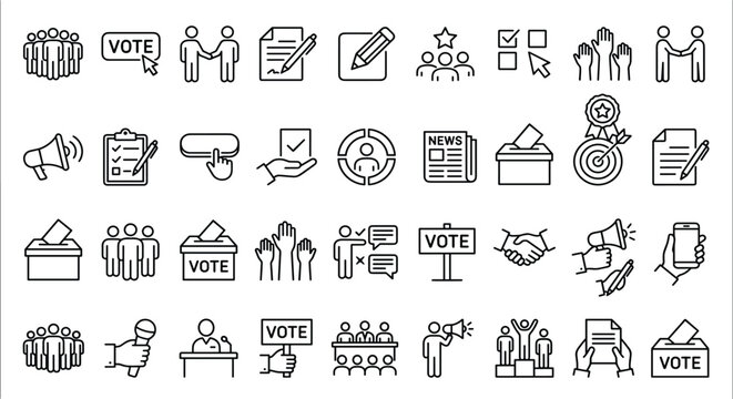 Voting and Democracy Flat Vector Icons Collection Featuring Ballot Box, Election, Polling, Civic Participation, Government and Political Campaign Symbols