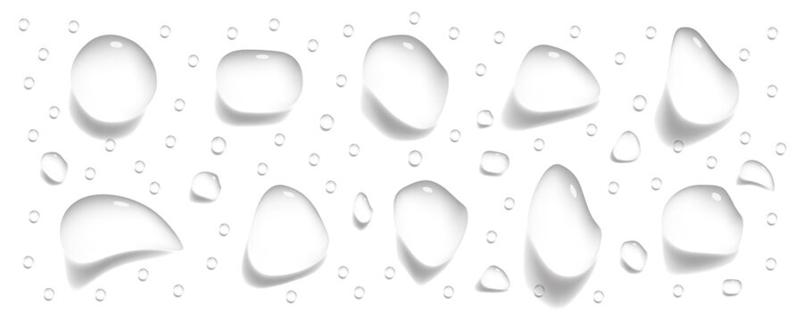 Realistic clear water drops and condesation droplets set isolated on transparent background, pure liquid rain splash elements for cosmetics product packaging, banner, and fresh design concept