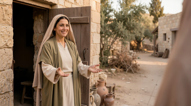 Martha welcoming visitors to Bethany. Biblical scene of a woman greeting guests at a stone house entrance. Historical reenactment of a hospitable host