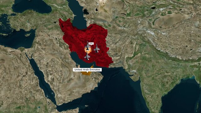 Aerial satellite map view of fighter aircraft over united arab emirates three attacking iran