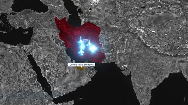 Satellite view of fighter jets flying over united arab emirates territory attacking iran