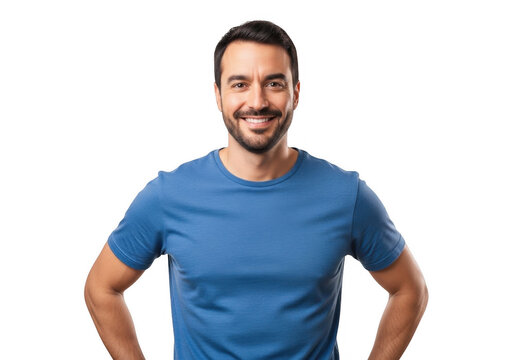 Happy young man with a beard wearing a casual blue t-shirt looking at the camera and smiling